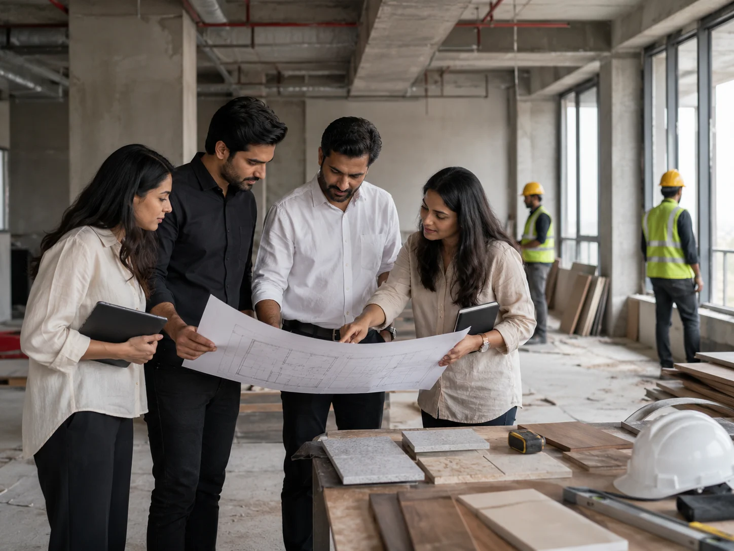Interior design team conducting a site visit